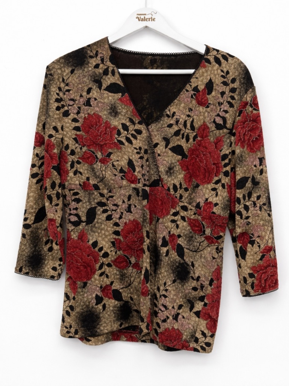 East 5th Y2k Stretchy Blouse Top Rose Pattern Gold Faux Wrap L-XL
